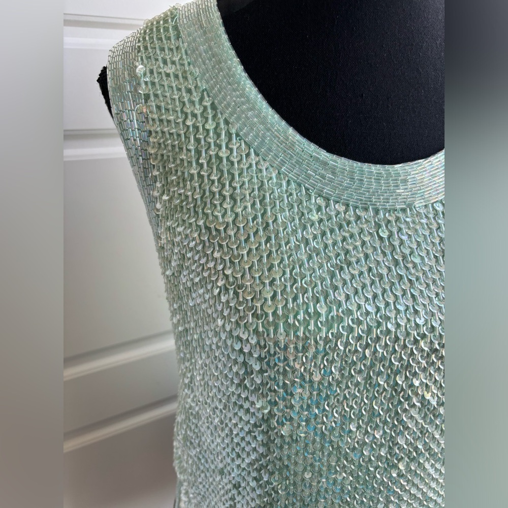 Vintage hand beaded sequin sleeveless blouse Seafoam green blue size medium - Picture 4 of 8